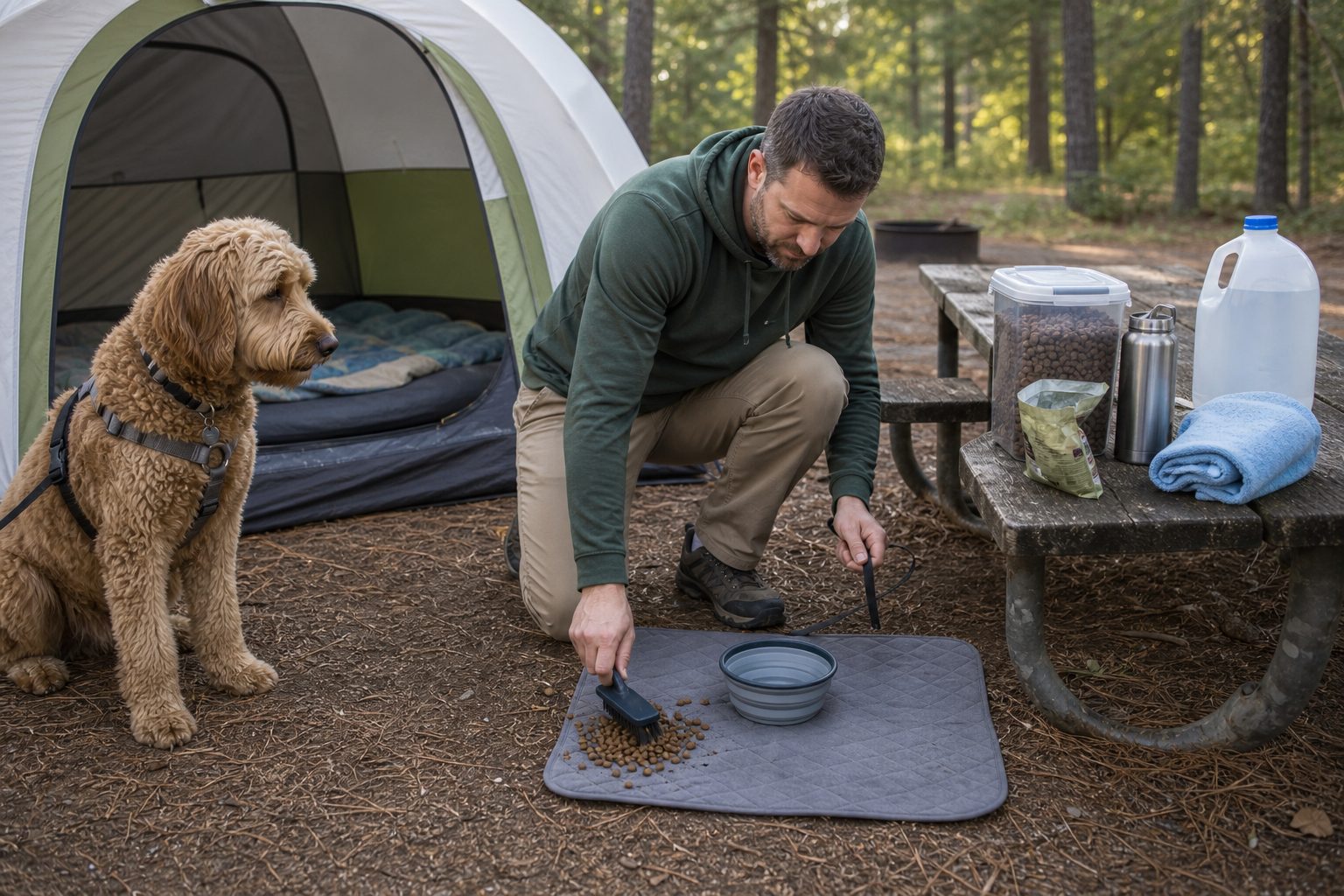 Dog owner correcting a campsite food and water setup with sealed food and bowls