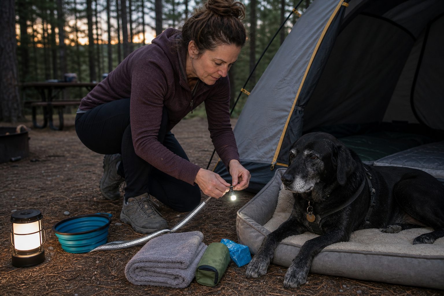 Dog owner adding a light to a leash before night at a campsite