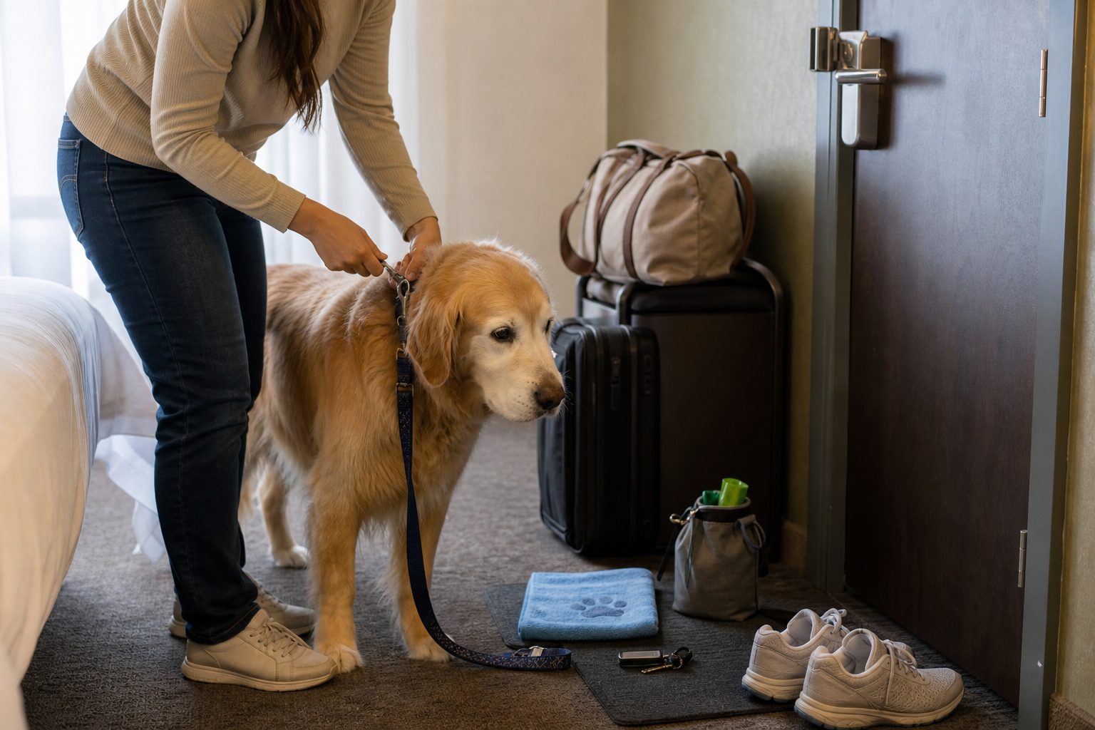 Dog owner clipping a leash to a senior dog beside a hotel room door with a towel, shoes, waste bags, and travel bag nearby