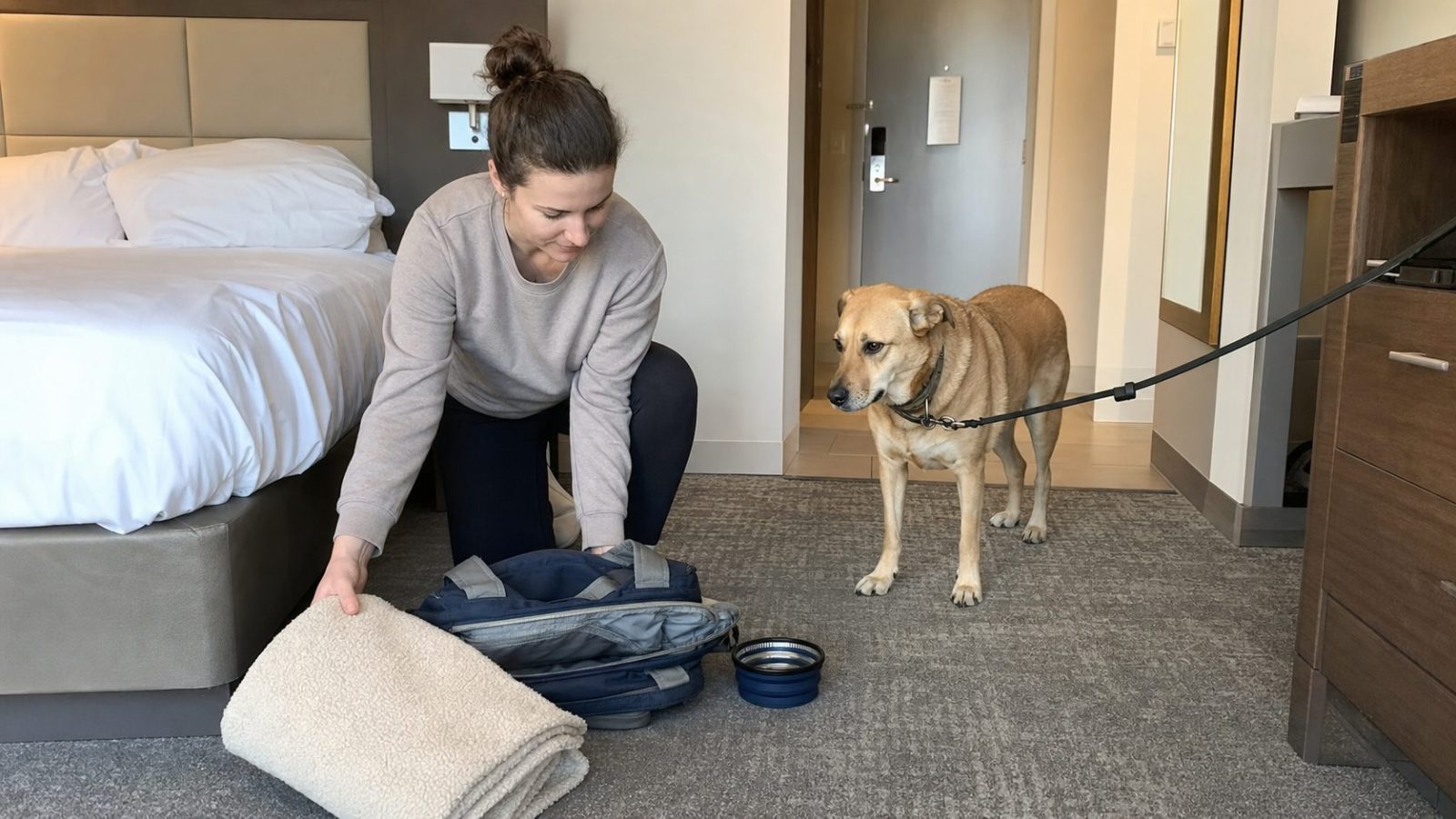 Dog owner setting up a blanket and travel bag in a pet-friendly hotel room while a calm dog waits nearby
