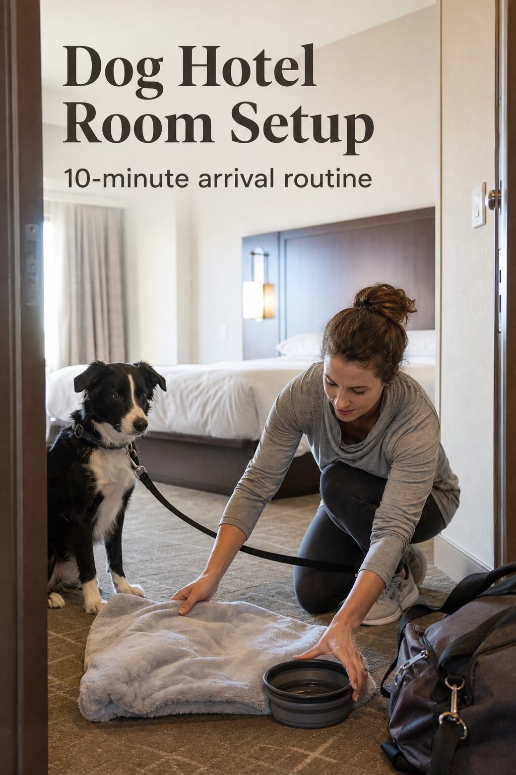 Pinterest-style dog hotel room setup image with a dog owner arranging a blanket and bowl near the hotel room entry