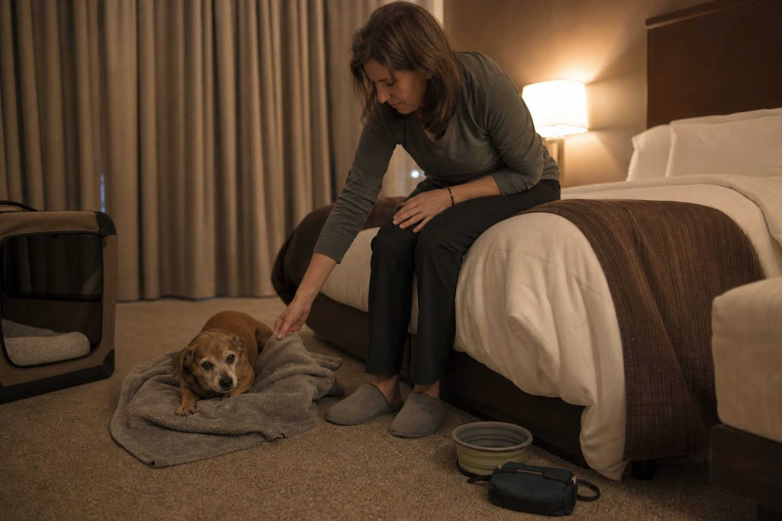 Dog owner creating a calm nighttime rest spot in a hotel room while a small older dog settles on a familiar blanket