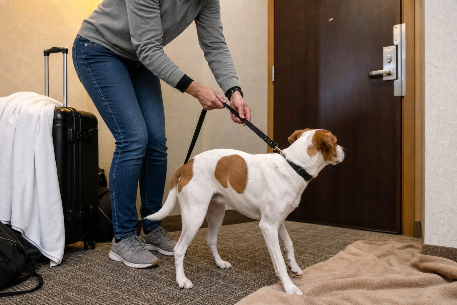 Dog owner gently guiding an alert white-and-brown dog away from a hotel room door toward a blanket