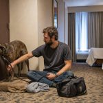 Dog owner guiding a large brindle dog away from a hotel room door during a calm hotel arrival routine