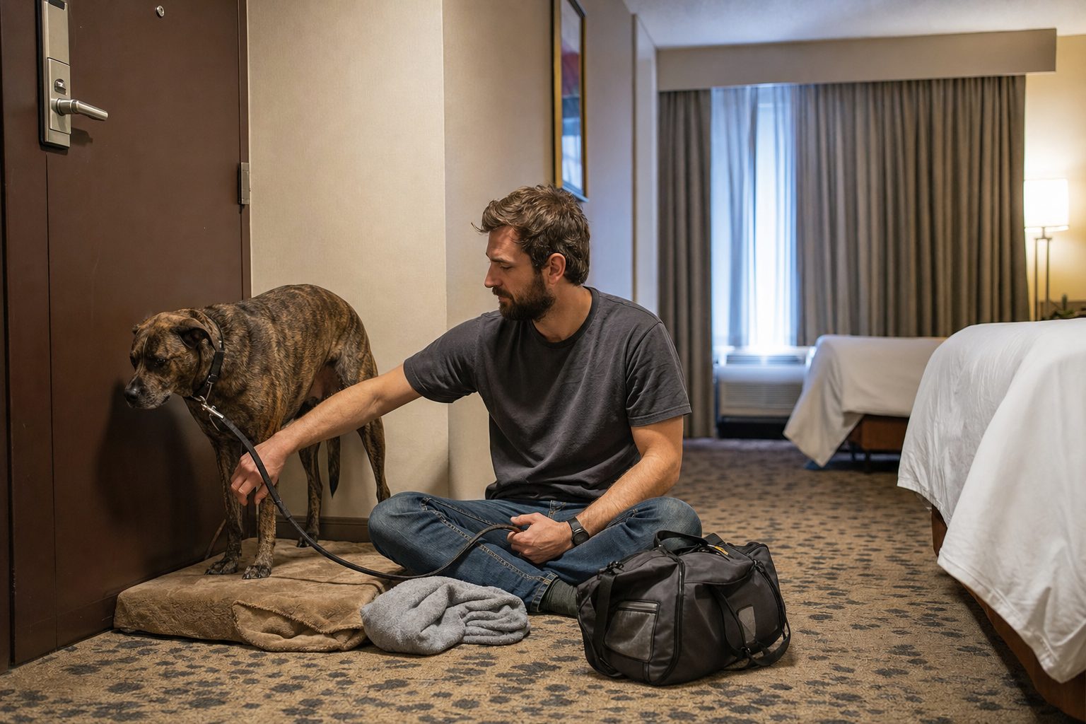 Dog owner guiding a large brindle dog away from a hotel room door during a calm hotel arrival routine