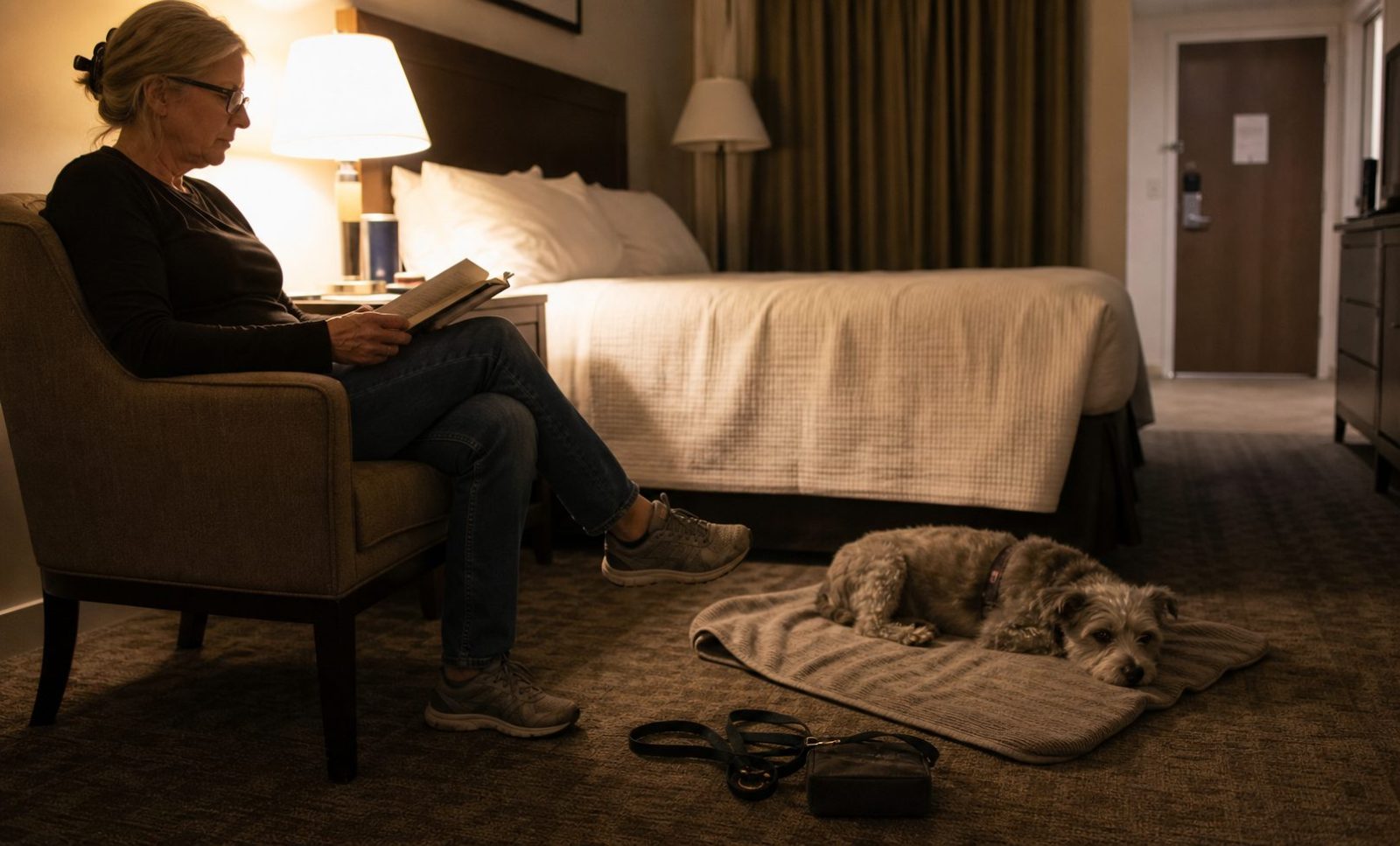 Older dog owner reading quietly while a small senior dog rests on a blanket away from the hotel room door at night