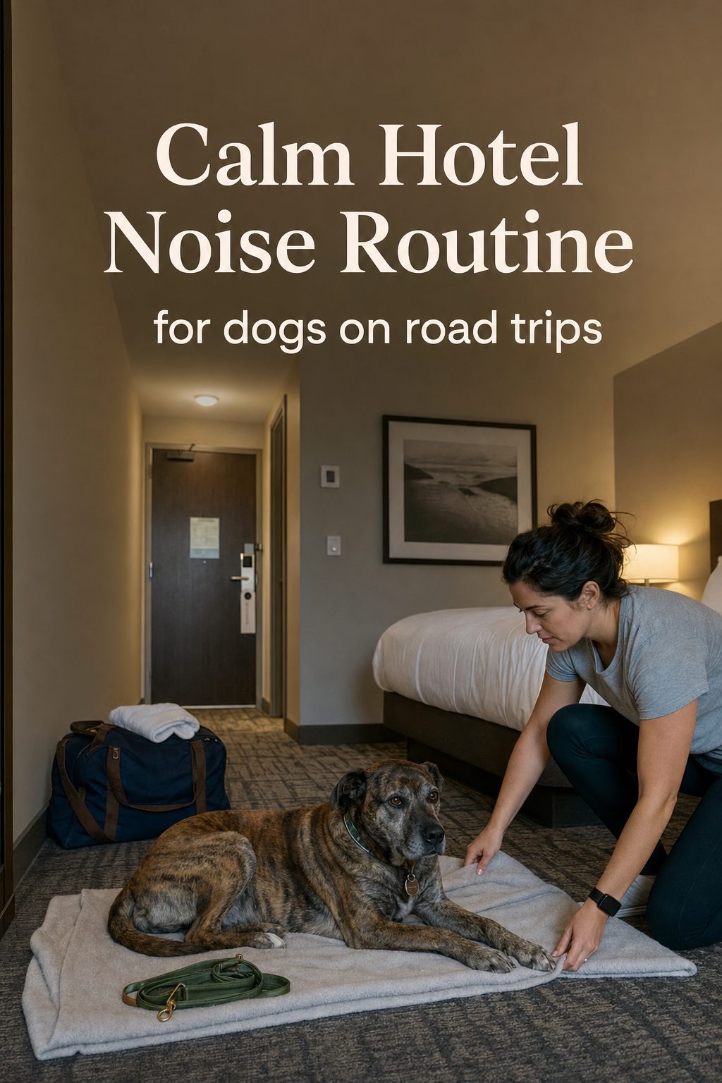 Pinterest-style image for a calm hotel noise routine with a dog resting away from the hotel room door