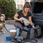 Dog owner packing a practical dog road trip bag beside an open SUV while a calm mixed-breed dog waits nearby
