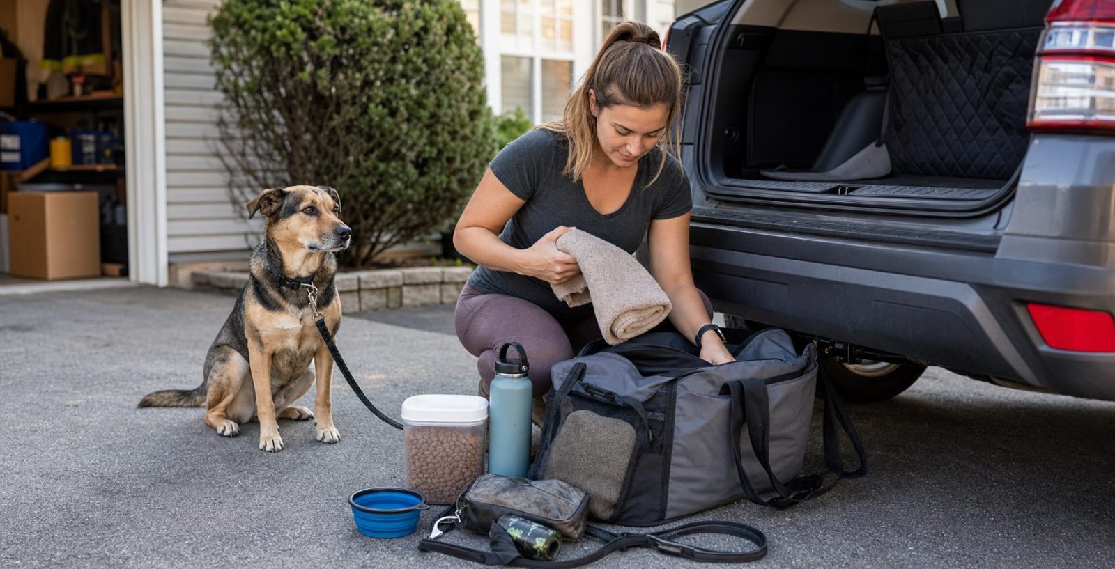 Dog owner packing a practical dog road trip bag beside an open SUV while a calm mixed-breed dog waits nearby