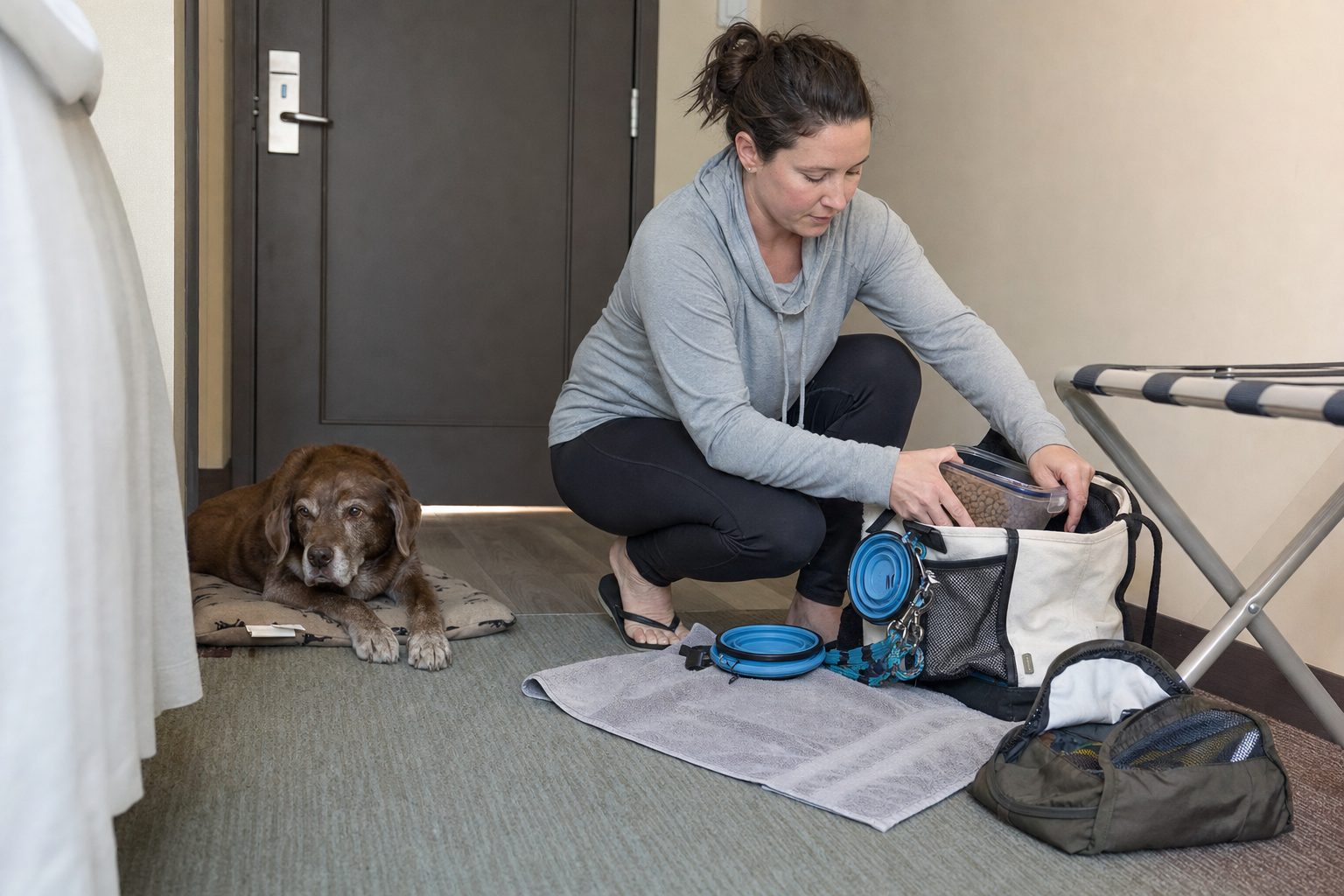 Dog owner organizing a clean overnight dog bag and separate dirty gear pouch in a hotel room