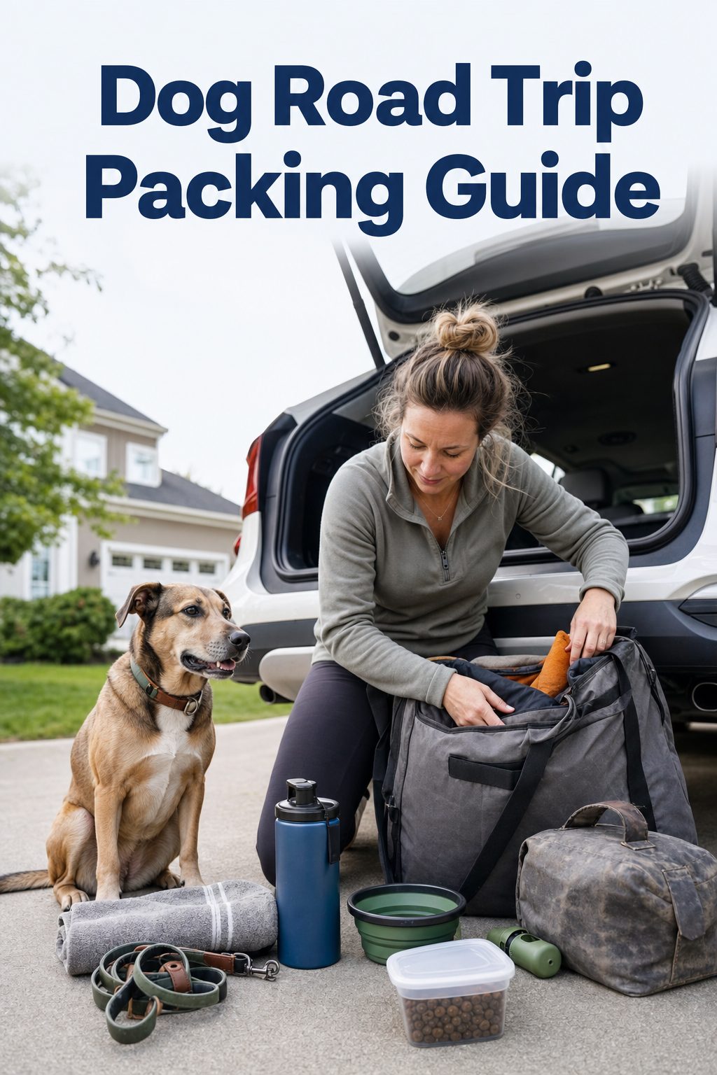 Pinterest-style dog road trip packing guide image with a dog owner organizing road trip supplies beside an SUV