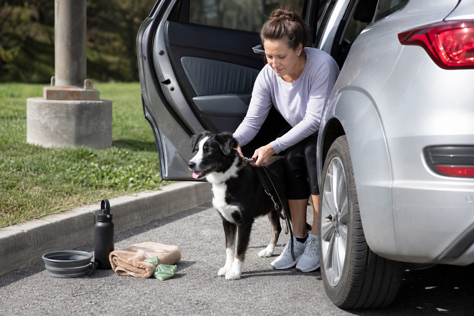 Dog owner clipping a leash before a road trip rest stop with water and cleanup supplies beside the car