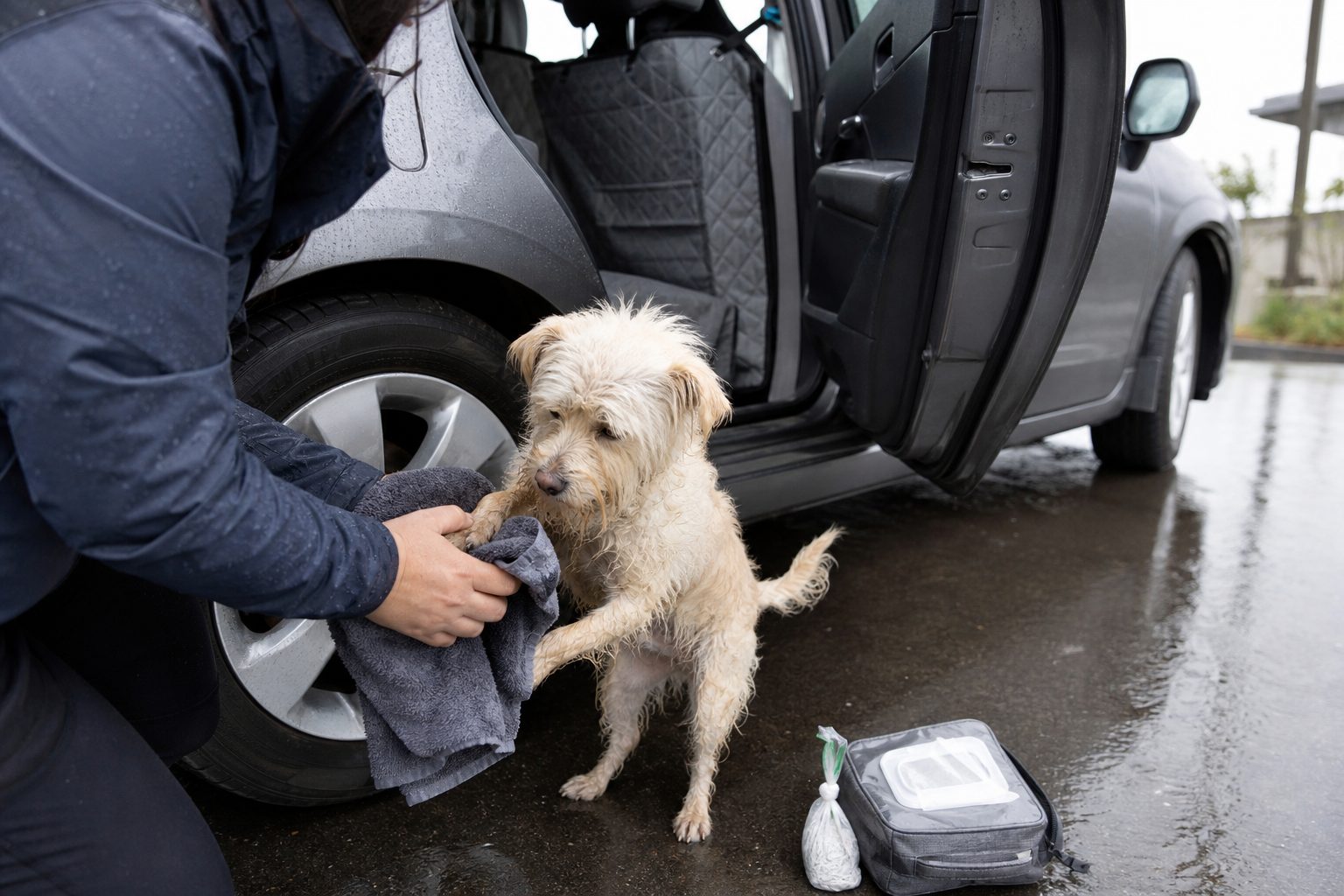 Dog owner wiping muddy paws of a small cream dog beside an open car door during a rainy road trip