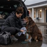 Dog owner drying a wet brown dog beside an open SUV outside a pet-friendly hotel after a rainy road trip