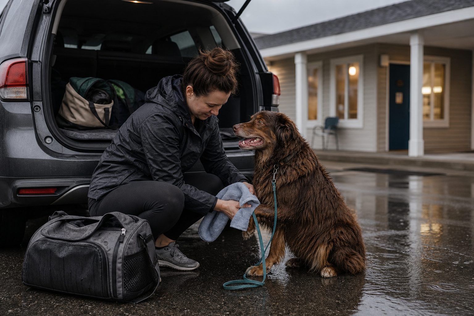 Dog owner drying a wet brown dog beside an open SUV outside a pet-friendly hotel after a rainy road trip