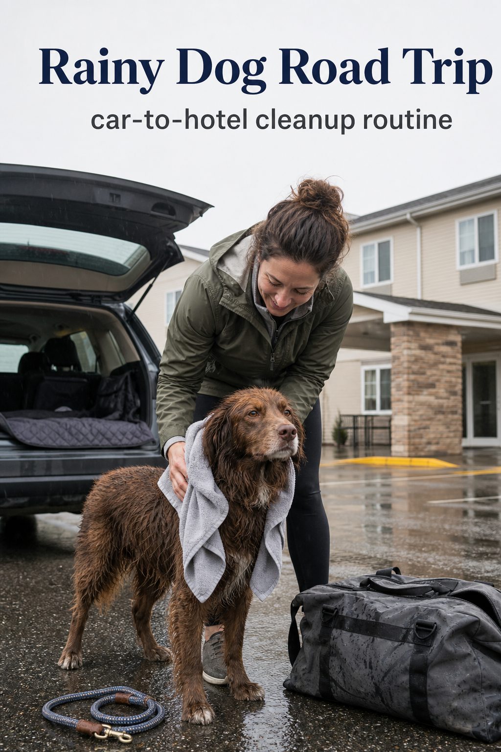 Pinterest-style rainy dog road trip image with a dog owner drying a wet dog beside an open SUV outside a hotel