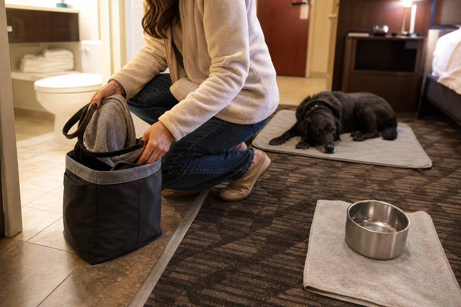 Dog owner separating a damp towel and leash into a wet gear bag near a hotel bathroom while a senior black dog rests on a mat