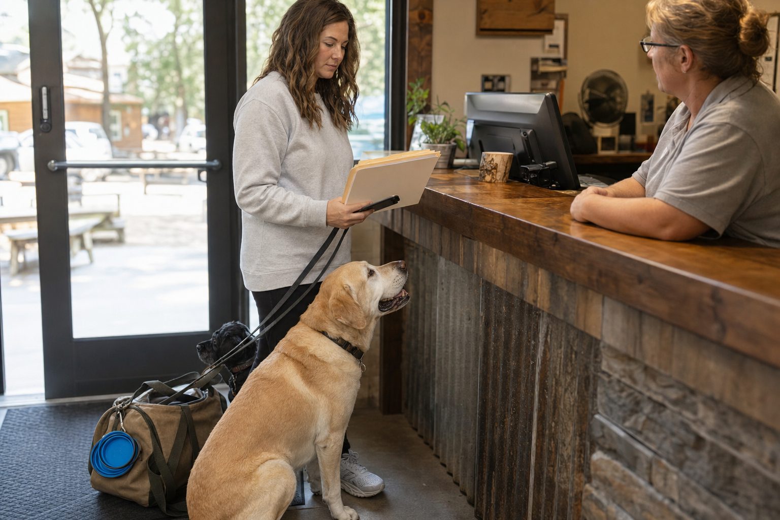 Dog owner holding a dog travel documents folder at a pet-friendly hotel or campground counter while two dogs wait on leash