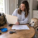 Dog owner organizing a folder of dog travel documents beside a canvas travel bag while two dogs wait near a kitchen table