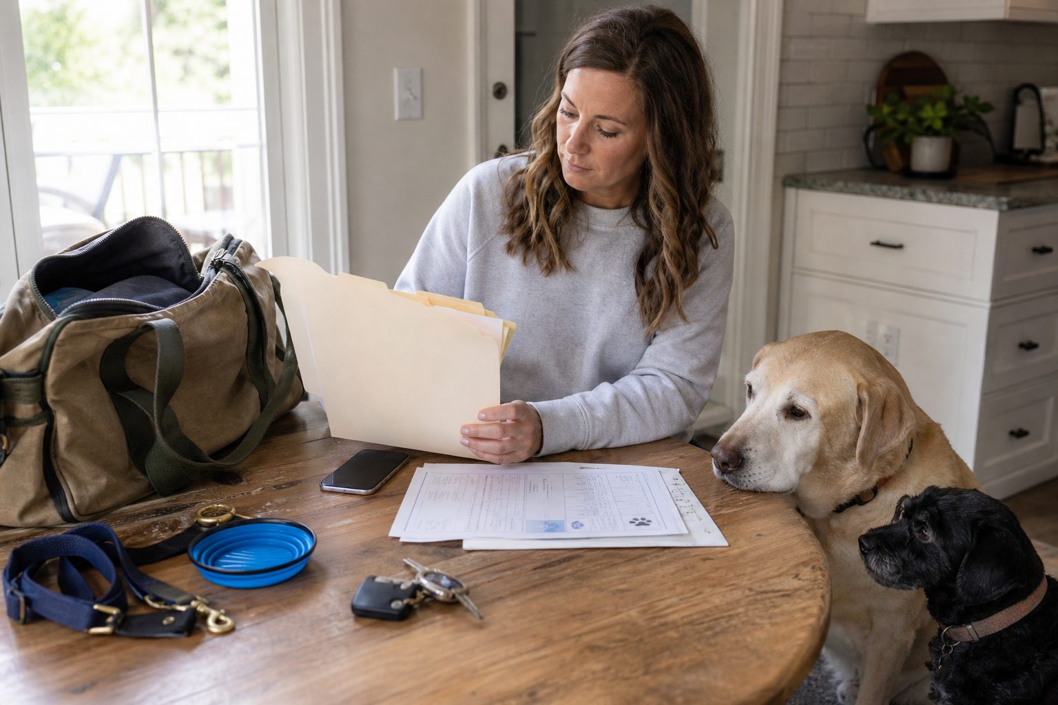 Dog owner organizing a folder of dog travel documents beside a canvas travel bag while two dogs wait near a kitchen table