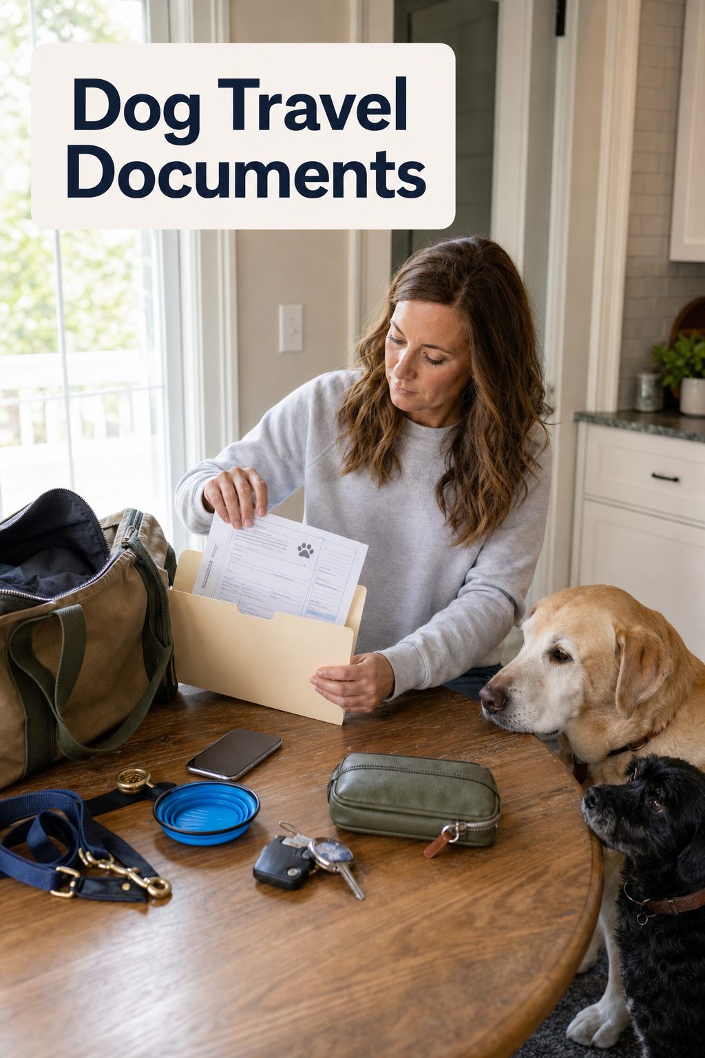 Pinterest-style image of a dog owner placing pet paperwork into a travel folder beside two dogs and road trip gear