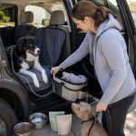 Dog owner organizing a two-dog road trip setup beside an open SUV with one medium dog in the back seat and one small dog waiting on leash