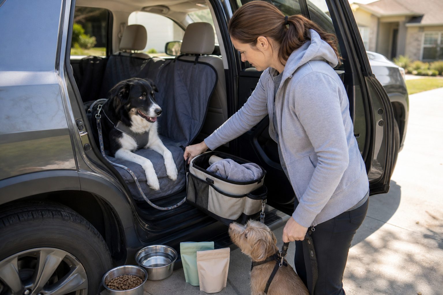 Dog owner organizing a two-dog road trip setup beside an open SUV with one medium dog in the back seat and one small dog waiting on leash