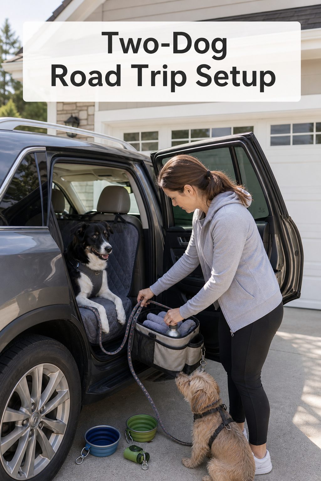 Pinterest-style image of a dog owner organizing a two-dog road trip setup beside an open SUV