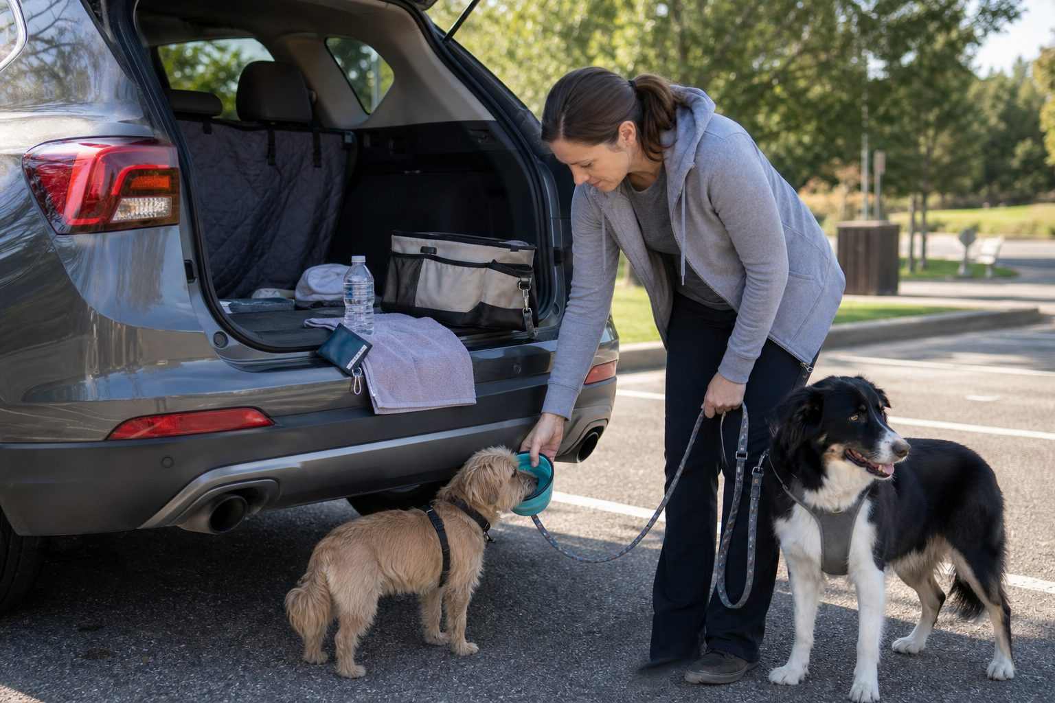 Dog owner offering water to a small dog at a rest stop while a medium dog waits on a separate leash beside an open SUV hatch