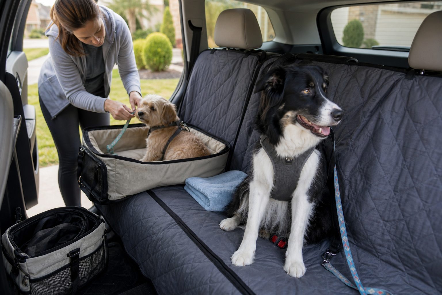 Dog owner adjusting a small dog's leash in a separate back seat zone while a medium dog sits on a quilted seat cover